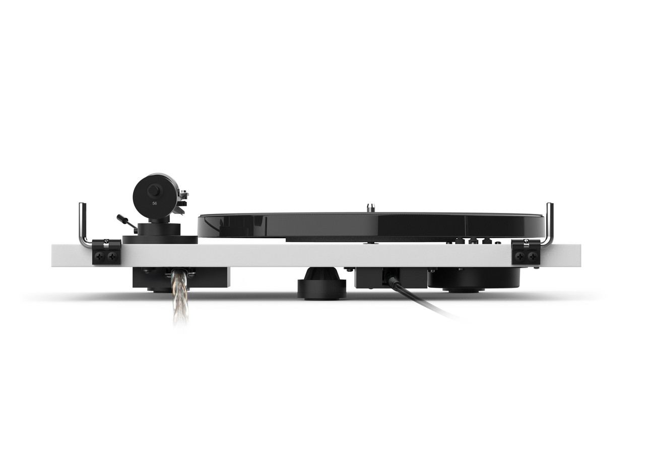 Pro-Ject E1 Turntable With Ortofon Om 5E Cartridge Side view of a white turntable with black platter, tonearm, and visible wiring.