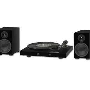 Interdyn Black turntable with vinyl record, flanked by two black bookshelf speakers.