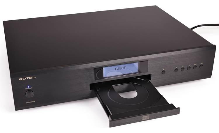 Rotel Cd14Mkii Cd Player Rotel cd player with front-loading disc tray extended, brushed black front, blue display reading eject, and multiple control buttons.