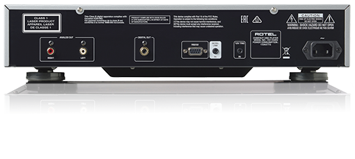 Rotel Cd14Mkii Cd Player Rear view of two rotel stereo components with red/white rca analog outputs, digital coaxial/optical ports, and power inlet.