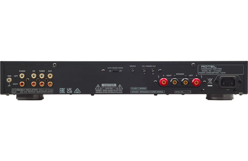 Rotel A10Mkii Integrated Amplifier Rotel integrated amplifier back panel with rca inputs, speaker terminals, and a power inlet.