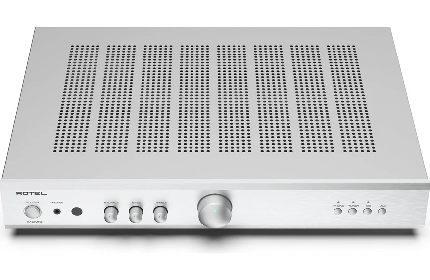 Rotel A10Mkii Integrated Amplifier Rotel stereo amplifier with brushed aluminum faceplate, large center volume knob, multiple control knobs, and top ventilation perforations.