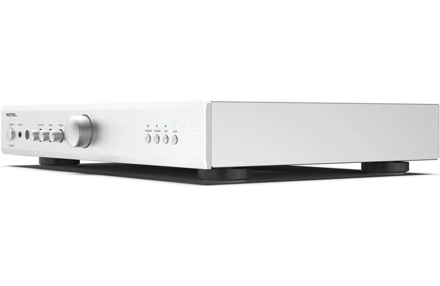 Rotel A10Mkii Integrated Amplifier Rotel integrated stereo amplifier with brushed front panel, large central volume knob and several control knobs, resting on isolation feet.