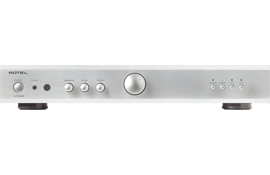Rotel A10Mkii Integrated Amplifier Rotel stereo amplifier with brushed aluminum front panel, large center volume knob, and tone controls.
