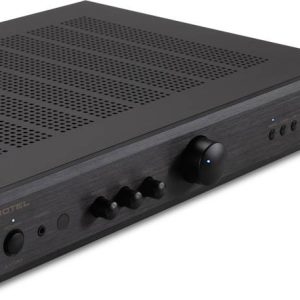 Interdyn Artel integrated stereo amplifier with brushed metal front, multiple control knobs, large volume dial, and perforated top vent.