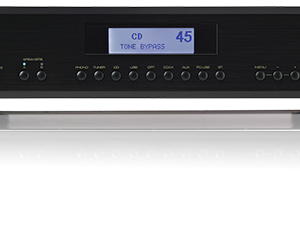 Interdyn Rotel cd player with blue-lit display and front-panel controls, stacked above a matching black audio component.