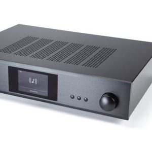 Interdyn Rotel stereo amplifier with brushed front panel, central display, multiple control buttons, and large right-side volume knob.