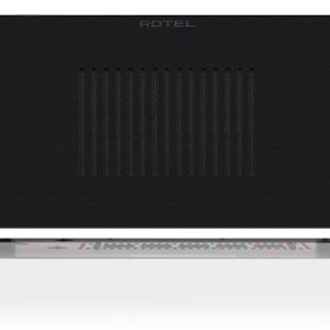 Interdyn Rotel power amplifier front view with blue-lit power button and vertical vented center panel.