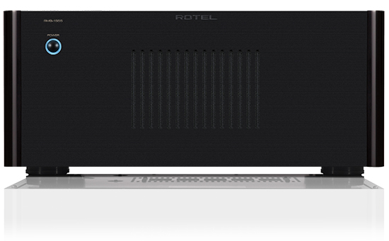 Rotel Rmb-1555 Multi-Channel Power Amplifier Rotel power amplifier front view with blue-lit power button and vertical vented center panel.