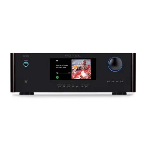 Interdyn Rotel integrated stereo amplifier with touchscreen display, blue-ring power and volume knobs, black brushed metal front, multiple control buttons.