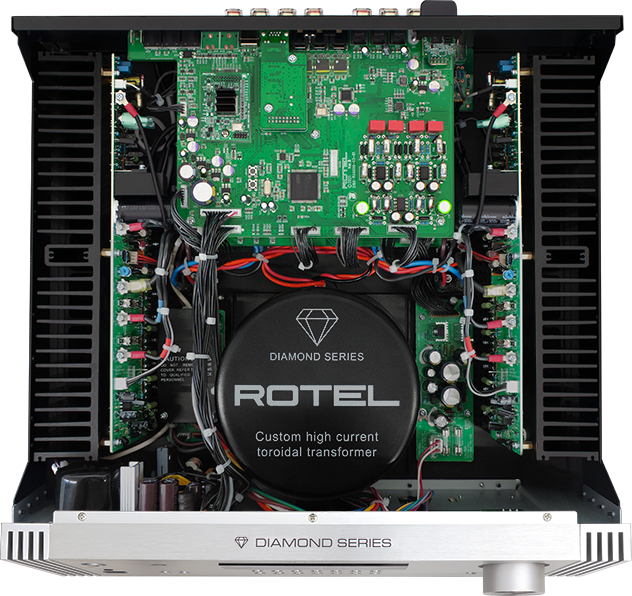 Rotel Ra-6000 Integrated Amplifier Rotel diamond series power amplifier with a large toroidal transformer and multiple green circuit boards visible inside.