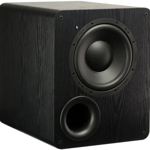 Interdyn Black woodgrain subwoofer cabinet with a large front-facing woofer and circular bass port.