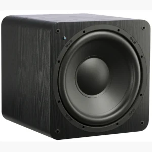 Black wooden subwoofer with a large front-facing woofer in a rounded cabinet.
