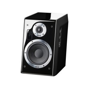 Heco bookshelf speaker with black glossy cabinet, large front woofer, small tweeter, chrome rings, and side control panel