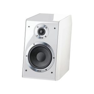 HECO white bookshelf loudspeaker with a small tweeter and large woofer, featuring silver driver rings.