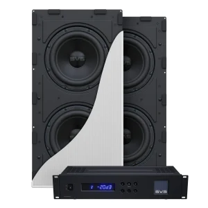 Interdyn Svs sta-800d2c dual-subwoofer system with stacked rectangular enclosures, large circular drivers, and a front-panel amplifier/display.
