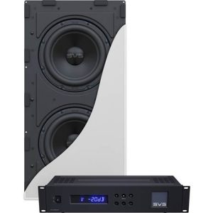 Interdyn Svs dual-driver subwoofer cabinet with curved white trim and a front-panel amplifier showing a blue display