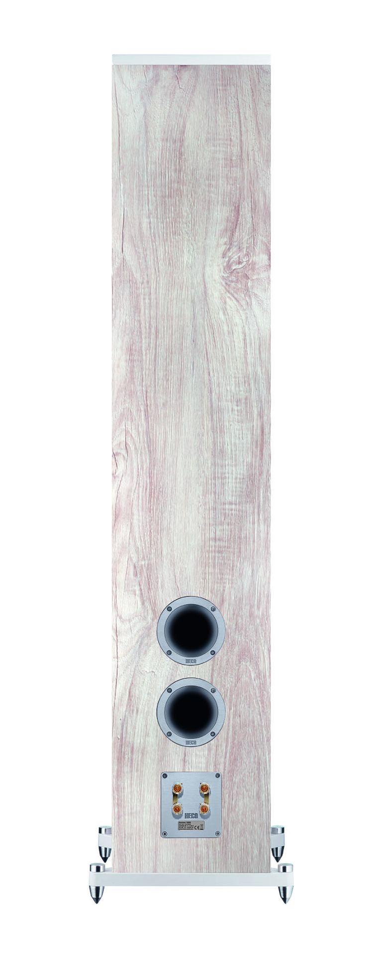 Heco Aurora 1000 Floor Standing Speaker Heco floor-standing loudspeaker with pale wood veneer, two circular drivers and rear binding posts.