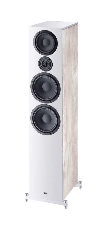 Heco Aurora 1000 Floor Standing Speaker Floor-standing loudspeaker with four drivers (three large, one small), white front panel and light wood sides.