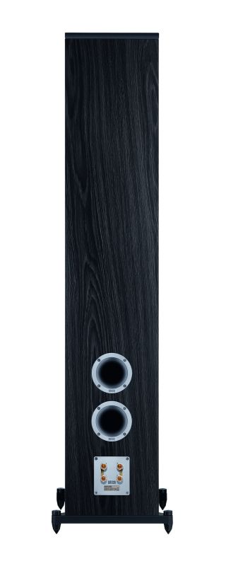 Heco Aurora 1000 Floor Standing Speaker Tall black wood veneer floorstanding speaker with two round driver openings and a multi-terminal binding-post panel.