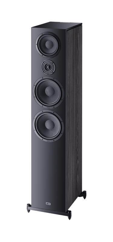 Heco Aurora 1000 Floor Standing Speaker Tall floor-standing speaker with four drivers, black front panel, and wood veneer sides.