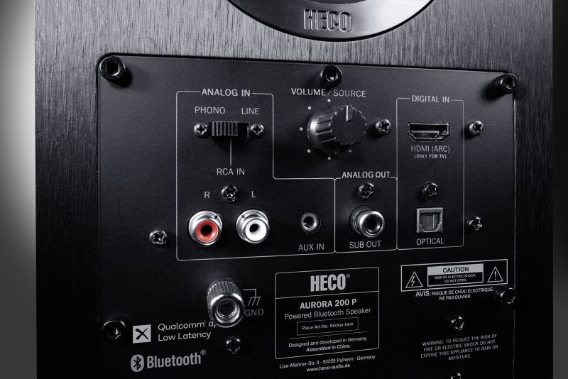 Heco Aurora 200P Bluetooth Speaker Heco aurora 200 p powered bluetooth speaker back panel with rca, optical, and hdmi arc inputs.