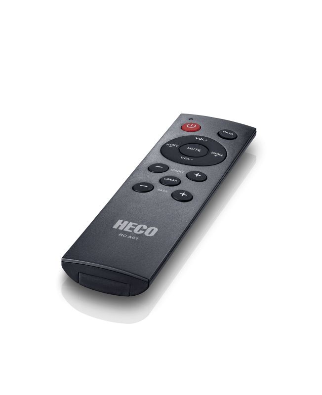 Heco Aurora 200P Bluetooth Speaker Heco rc 401 remote control with circular navigation pad and power, volume, mute, and other buttons.