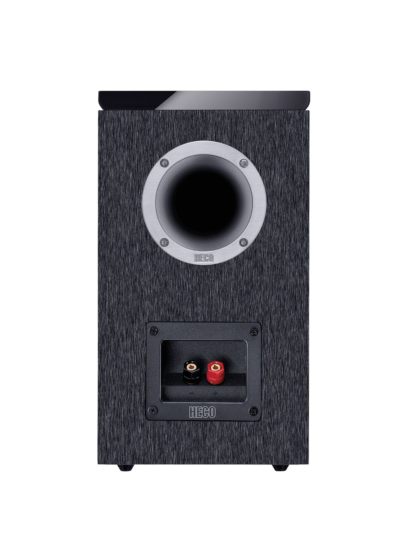 Heco Aurora 200P Bluetooth Speaker Heco floor-standing speaker with dark wood veneer, circular silver port and red/black terminals on back.