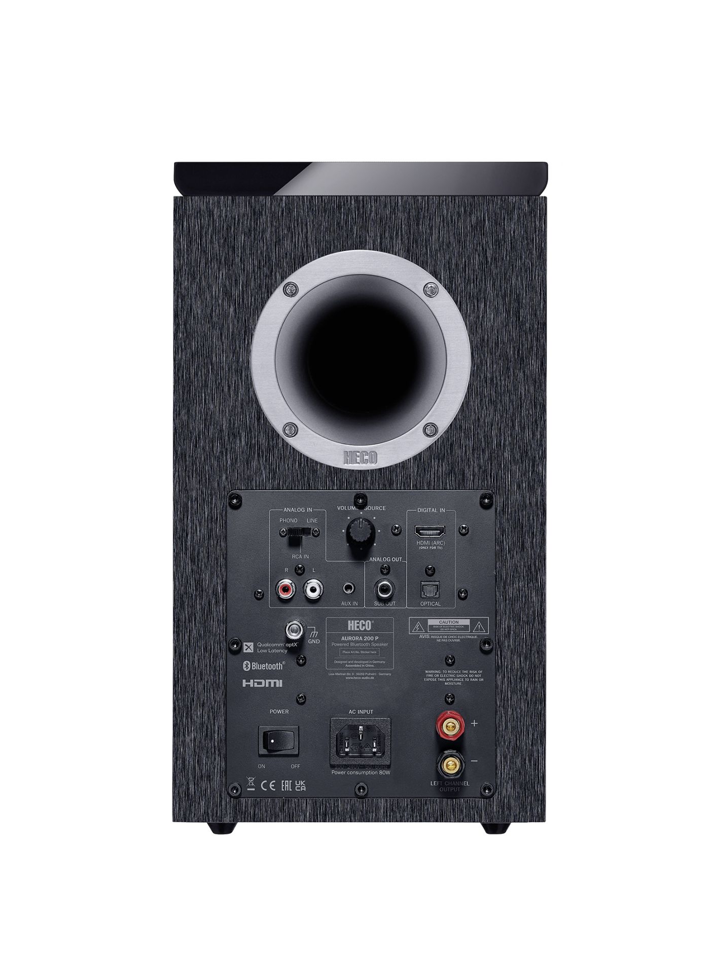 Heco Aurora 200P Bluetooth Speaker Heco aurora 200 p floor-standing speaker in black wood veneer with circular front driver.