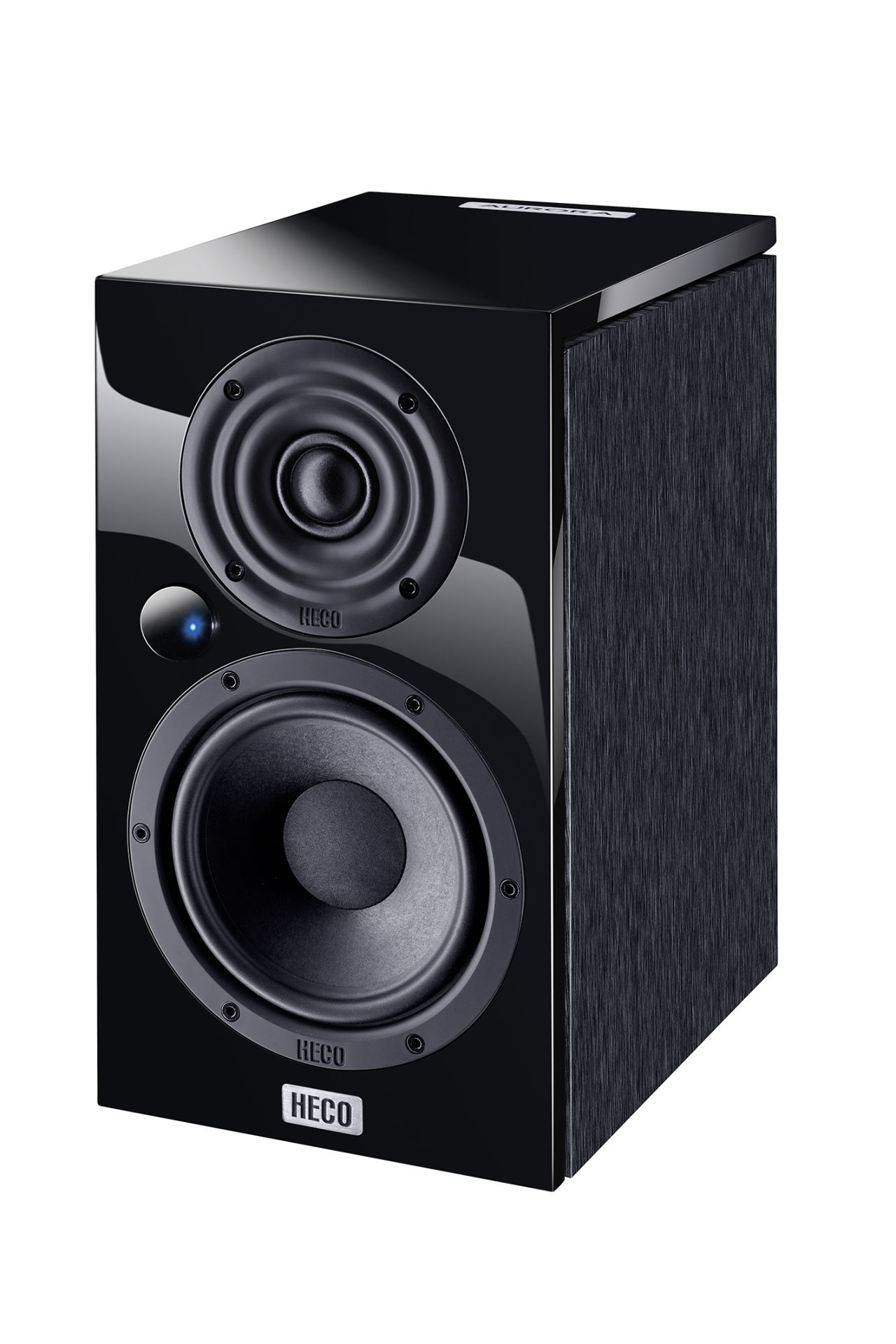 Heco Aurora 200P Bluetooth Speaker Heco floorstanding loudspeaker with a glossy black front panel, two drivers, and a dark wood side panel.