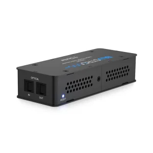 Black fiber optic media converter with optical in/out ports, small blue reset LED, vented sides.