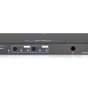BLUSTREAM 2x2 HDMI 2.1 matrix switch with two outputs, IR sensor, and upgrade port