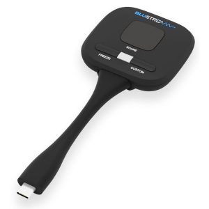 Blustream wireless presentation device with square top, Share and Custom buttons, Freeze toggle, and curved handle.