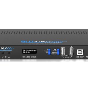 Bluestream UHD video over IP transceiver with front LCD, status LEDs, USB host and device ports, and reset button.