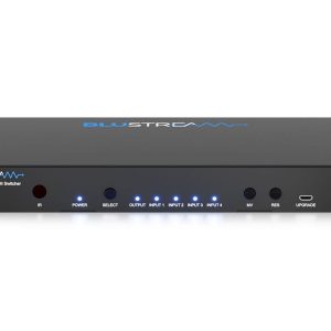 BLUSTREAM 4-Way Multiview HDMI Switcher, black metal box with front-panel LEDs for IR, Power, Select, Output and Inputs 1–4.