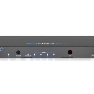 Bluestream 4-Way 8K HDMI Switch SW41AB-8K with front LEDs, SELECT/OUTPUT/INPUT indicators and IR window.