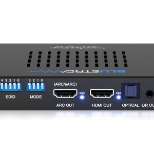 Blustream HDMI ARC/eARC audio extractor with EDID and MODE DIP switches, ARC OUT, HDMI OUT, optical, and L/R outputs.