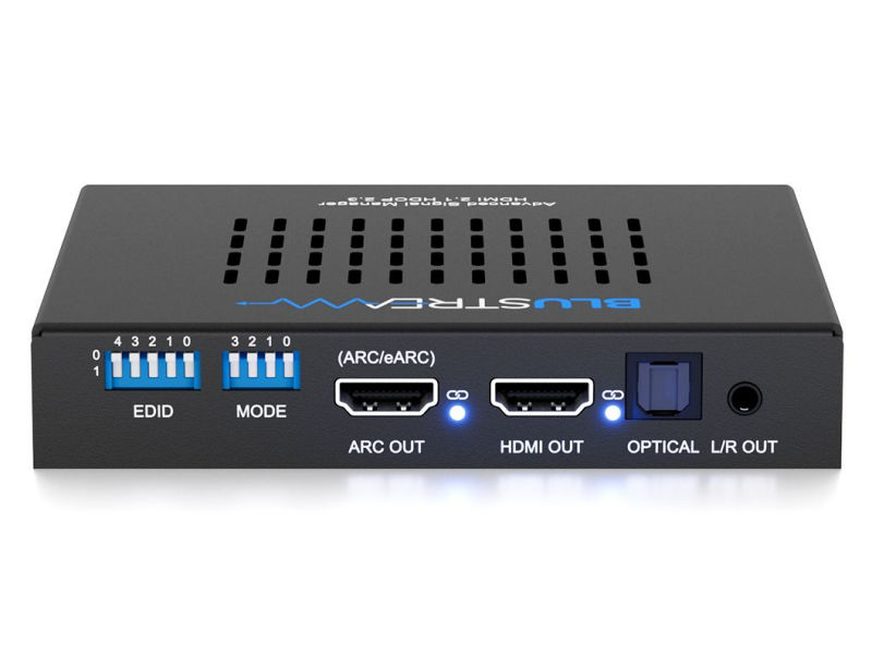 Blustream Sm11Earc-8K Blustream hdmi arc/earc audio extractor with edid and mode dip switches, arc out, hdmi out, optical, and l/r outputs.