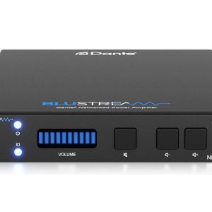 Blustream NPA20DA networked power amplifier with blue volume LED bar on the front panel.