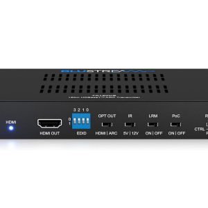 Blustream TX150CS HDMI transmitter with HDMI output, EDID switch, various control ports, and blue LEDs.