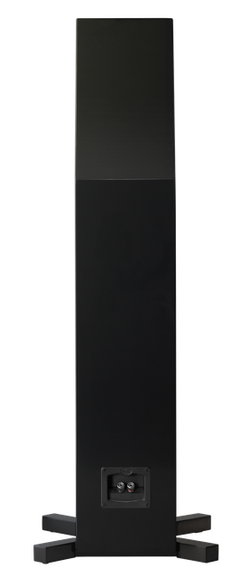Nht Audio C4 Floorstanding Speakers Tall black two-tone floor-standing speaker with rear connector panel.