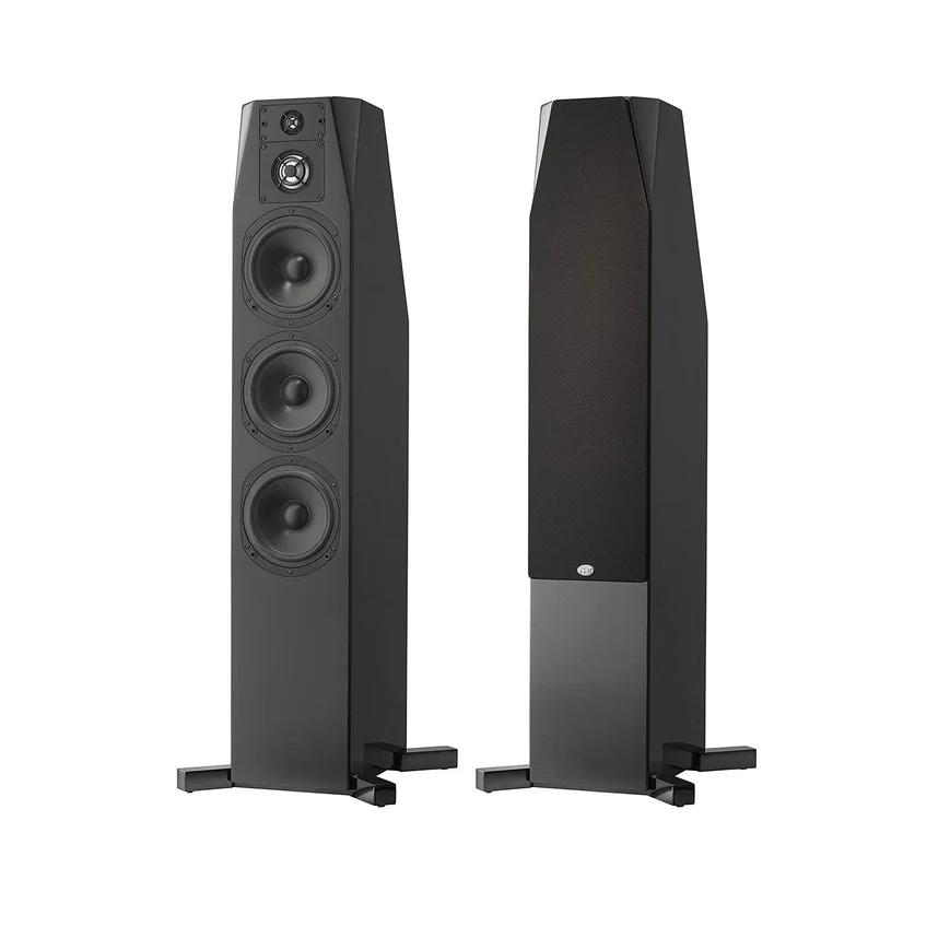 Nht Audio C4 Floorstanding Speakers Pair of black floorstanding speakers with three large woofers, a tweeter, and a removable grille on one unit.