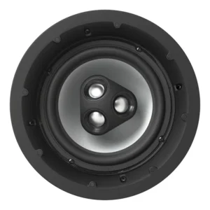 Round in-ceiling speaker with black bezel, silver cone, and tri-dome center driver array.