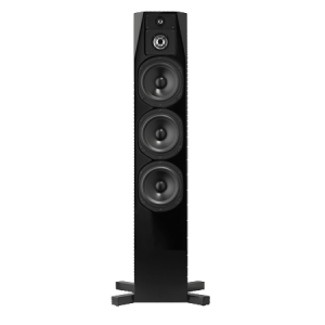 Floor standing black speaker with four large drivers and a small top tweeter on a metal base.