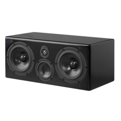 Black rectangular speaker with two large front woofers, a center driver, and a small tweeter.
