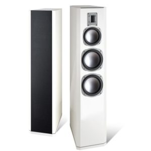 Pair of white floor-standing loudspeakers with three drivers and a top tweeter, one with a black grille.