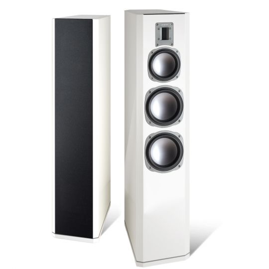 Quadral Aurum Orkan 9 Floorstanding Speakers Pair of white floor-standing loudspeakers with three drivers and a top tweeter, one with a black grille.