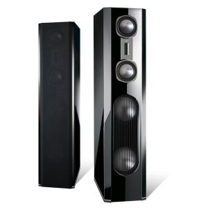 Glossy black floorstanding loudspeaker with two large drivers, a vertical midrange-tweeter module, and tall cabinet.