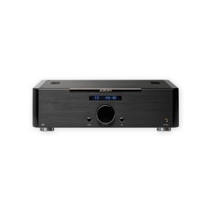Aurum A8 stereo amplifier with built-in CD player, brushed black front panel, blue display, and large central volume knob.