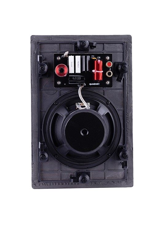 Quadral Casa Ci6 In-Wall Speaker Quadral loudspeaker cabinet back with crossover board, coils, capacitors, and large woofer